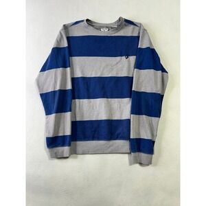 Volcom Stone Mens Blue Gray Striped Crewneck Sweatshirt Fleece Pullover Logo